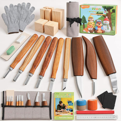 Wood Carving Kit with Carrying Bag, 30PCS Wood Carving Tools | Whittling Kit Includes Carving Knives Carving Chisels Basswood Blocks Gloves, Woodworking Tools for Beginners DIY Hobbies