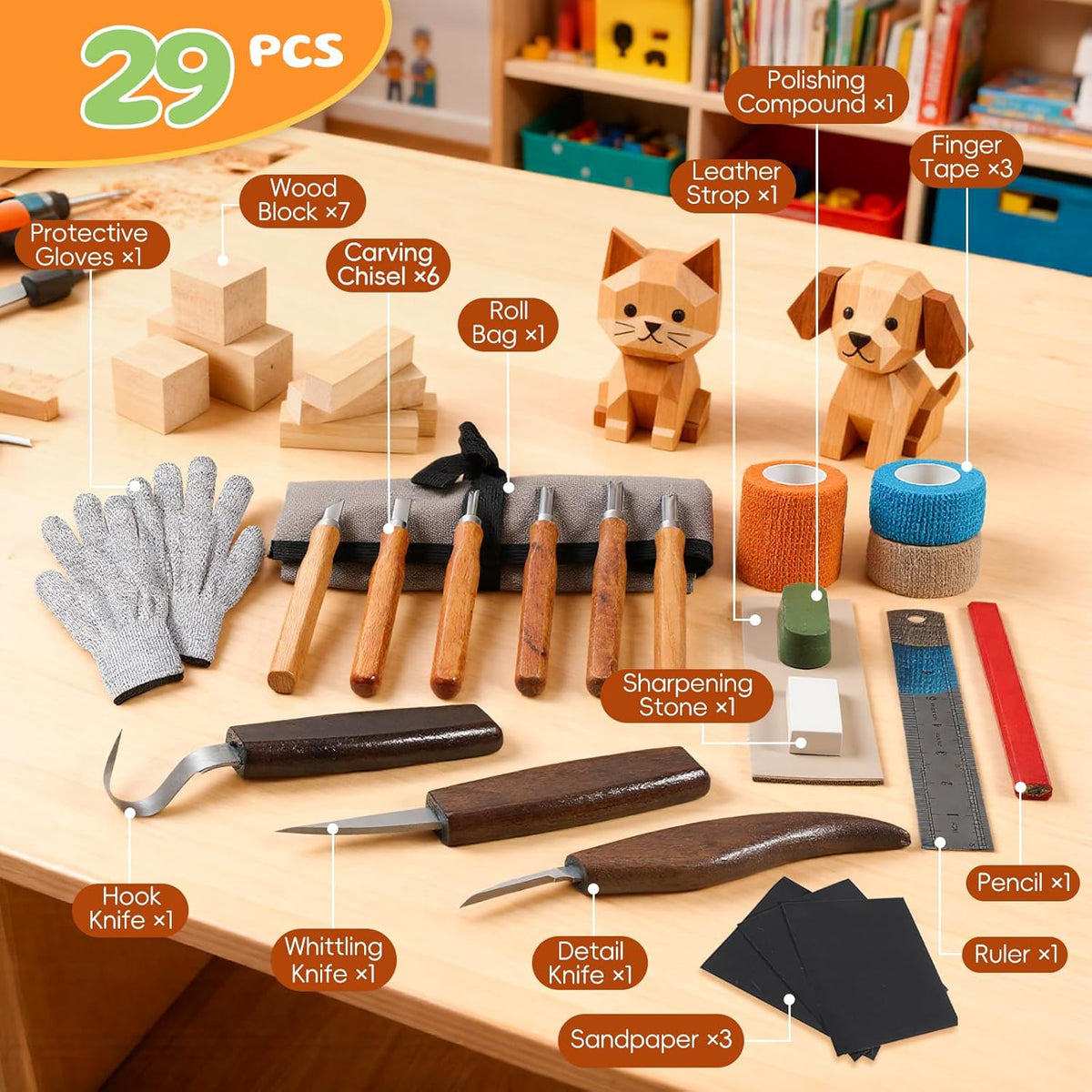 Wood Carving Kit with Carrying Bag, 30PCS Wood Carving Tools | Whittling Kit Includes Carving Knives Carving Chisels Basswood Blocks Gloves, Woodworking Tools for Beginners DIY Hobbies