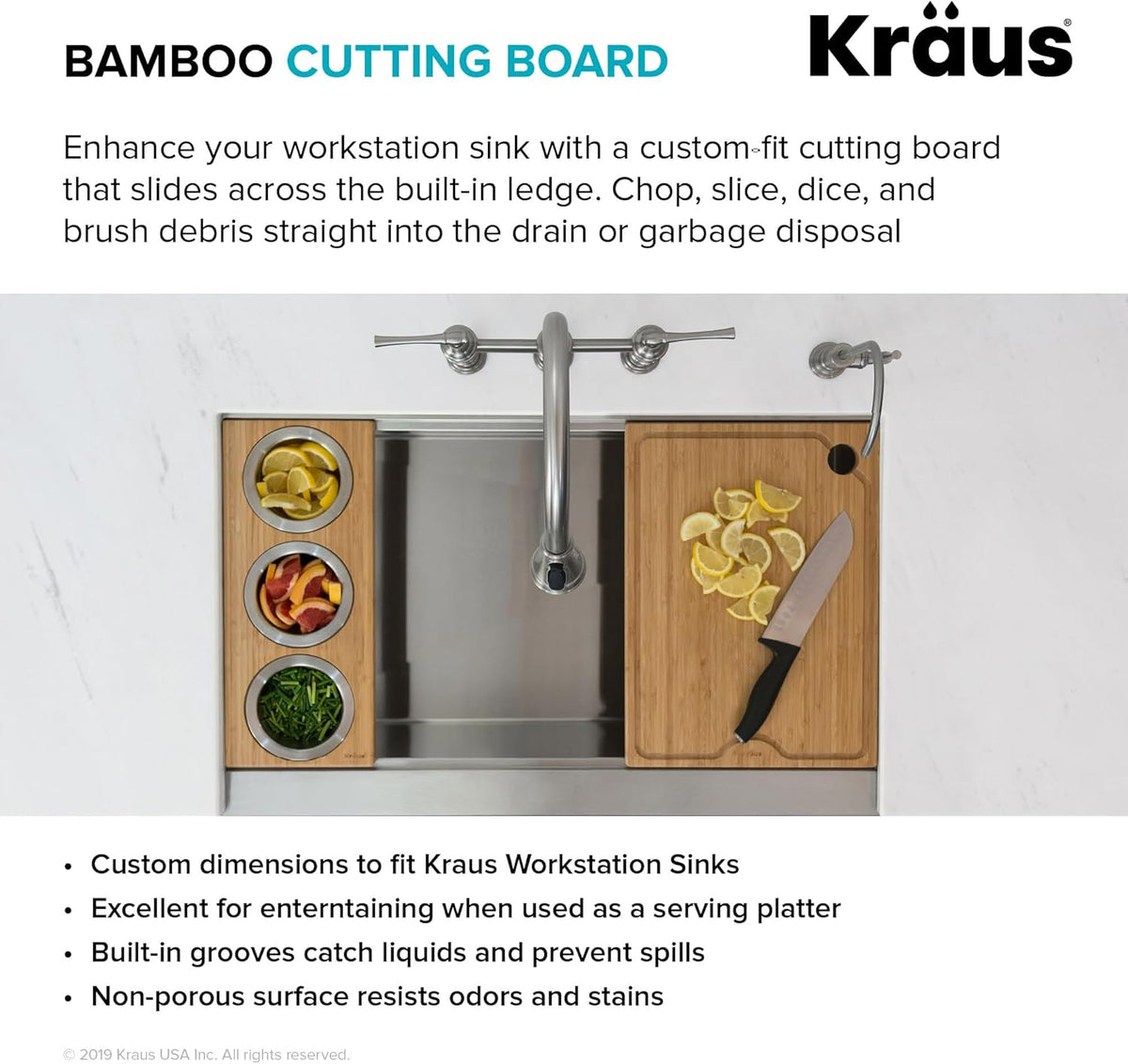 Kore Solid Bamboo Cutting Board for Workstation Kitchen Sink (16 3/4 in. x 12 in.), KCB-WS103BB