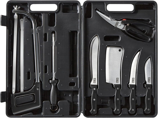 10-Piece Game Processing Knife Kit, 8" Butcher, 6" Cleaver, 5.3" Fillet, and 4.2" Skinning Knives, Adjustable 12.25" Butcher Saw, Sharpener, Shears & Storage Case, Stainless Steel (83-7001-W)