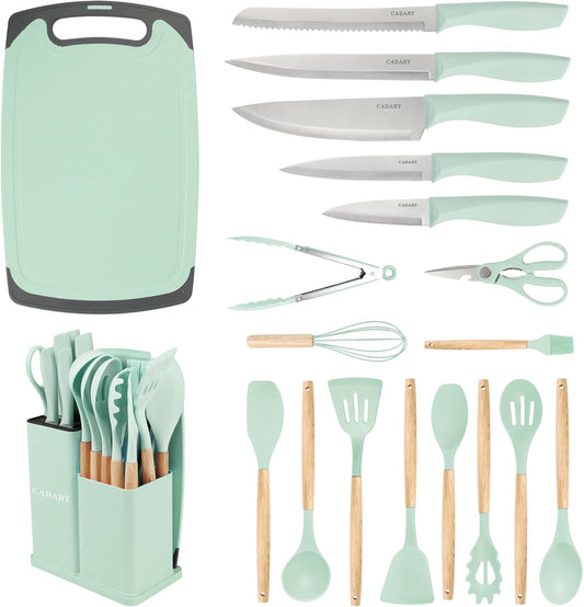 19PCS Green Kitchen Cooking Utensils Set Kitchen Tools Set | 6 Stainless Steel Knives, 11 Silicone Utensils with 1 Cutting Board, Ideal for Apartment