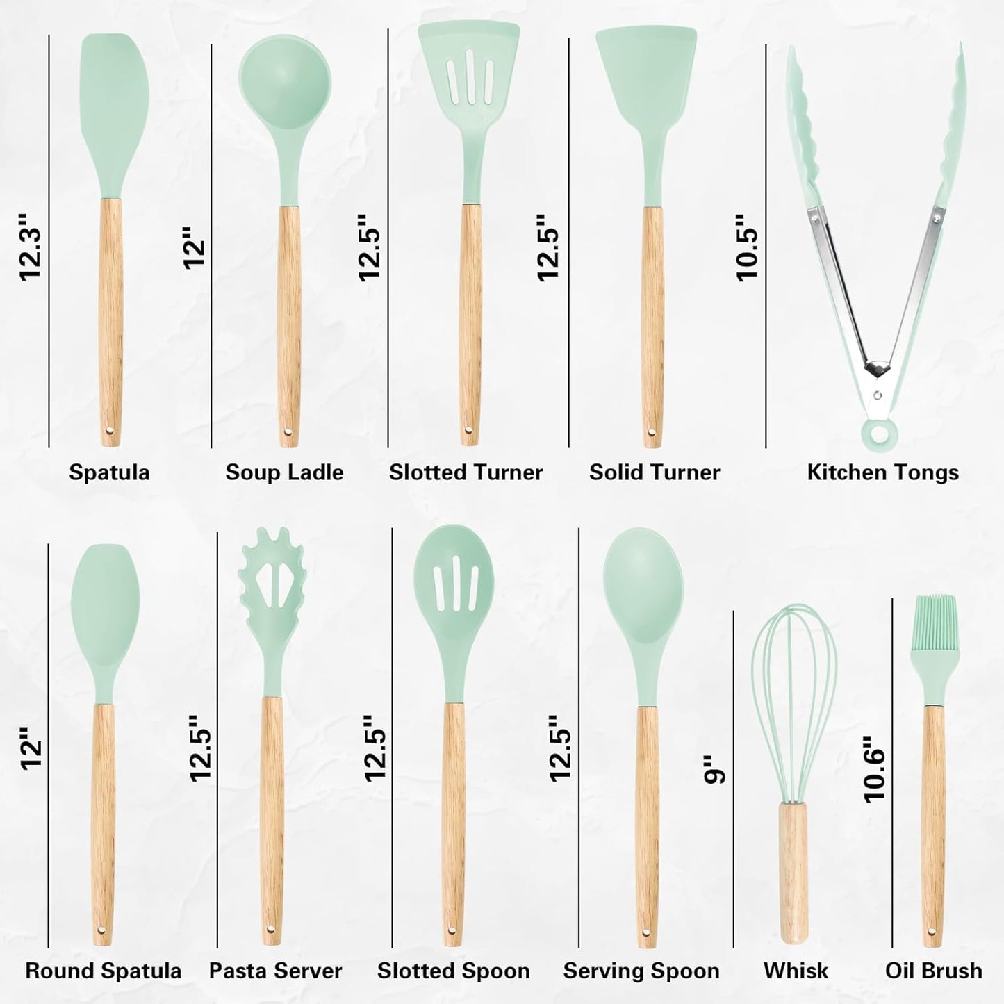 19PCS Green Kitchen Cooking Utensils Set Kitchen Tools Set | 6 Stainless Steel Knives, 11 Silicone Utensils with 1 Cutting Board, Ideal for Apartment