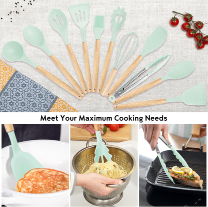 19PCS Green Kitchen Cooking Utensils Set Kitchen Tools Set | 6 Stainless Steel Knives, 11 Silicone Utensils with 1 Cutting Board, Ideal for Apartment