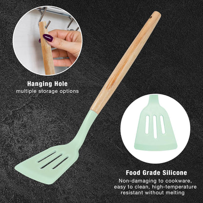 19PCS Green Kitchen Cooking Utensils Set Kitchen Tools Set | 6 Stainless Steel Knives, 11 Silicone Utensils with 1 Cutting Board, Ideal for Apartment