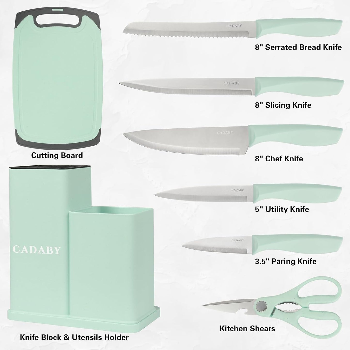 19PCS Green Kitchen Cooking Utensils Set Kitchen Tools Set | 6 Stainless Steel Knives, 11 Silicone Utensils with 1 Cutting Board, Ideal for Apartment
