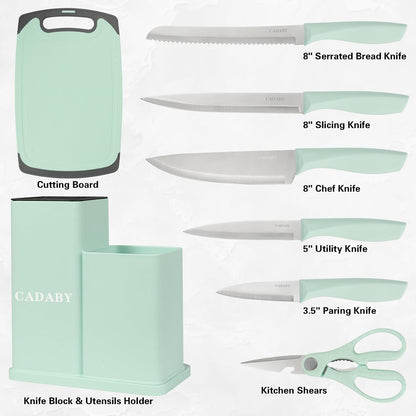 19PCS Green Kitchen Cooking Utensils Set Kitchen Tools Set | 6 Stainless Steel Knives, 11 Silicone Utensils with 1 Cutting Board, Ideal for Apartment
