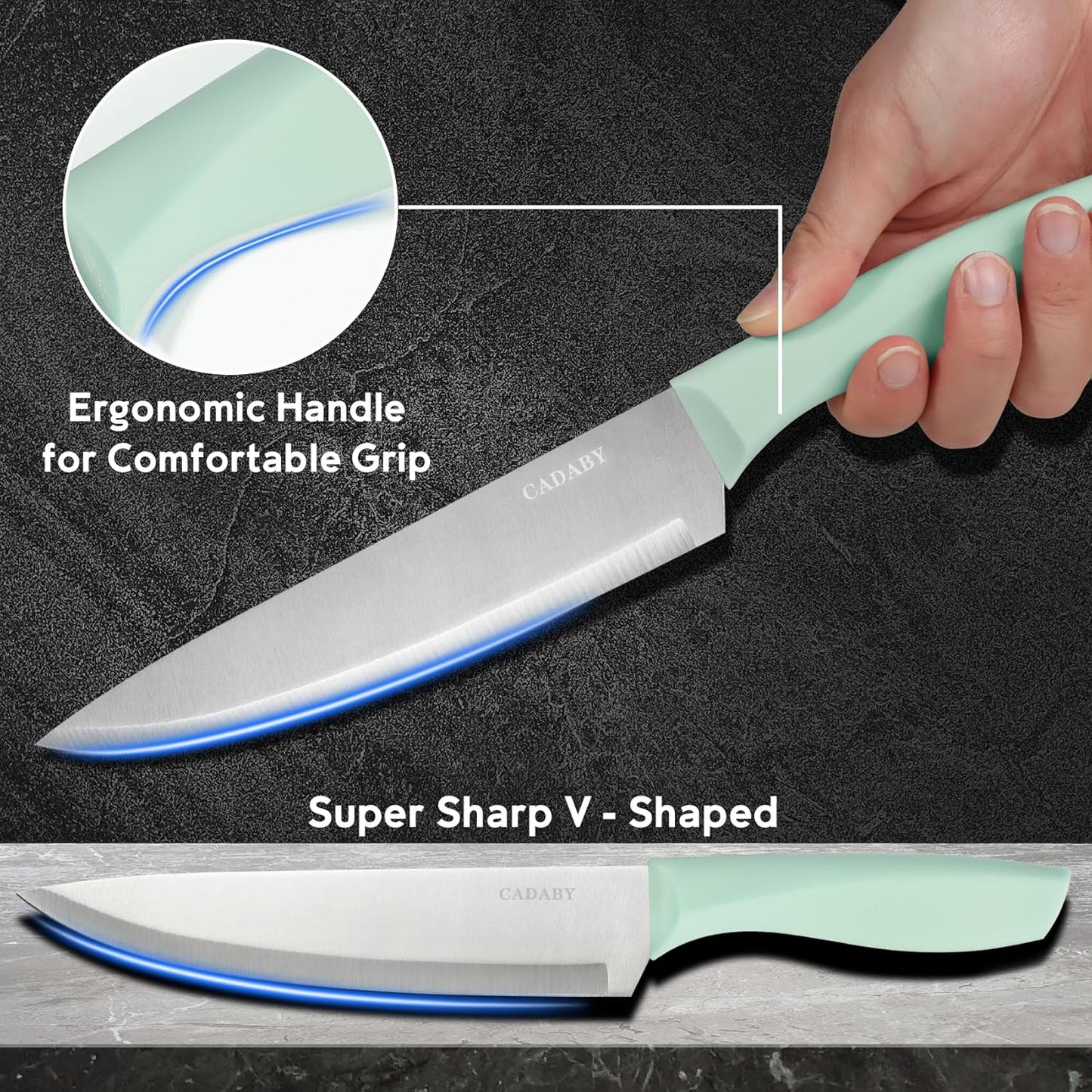 19PCS Green Kitchen Cooking Utensils Set Kitchen Tools Set | 6 Stainless Steel Knives, 11 Silicone Utensils with 1 Cutting Board, Ideal for Apartment