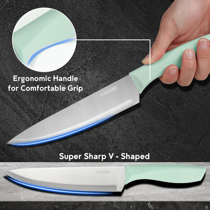 19PCS Green Kitchen Cooking Utensils Set Kitchen Tools Set | 6 Stainless Steel Knives, 11 Silicone Utensils with 1 Cutting Board, Ideal for Apartment