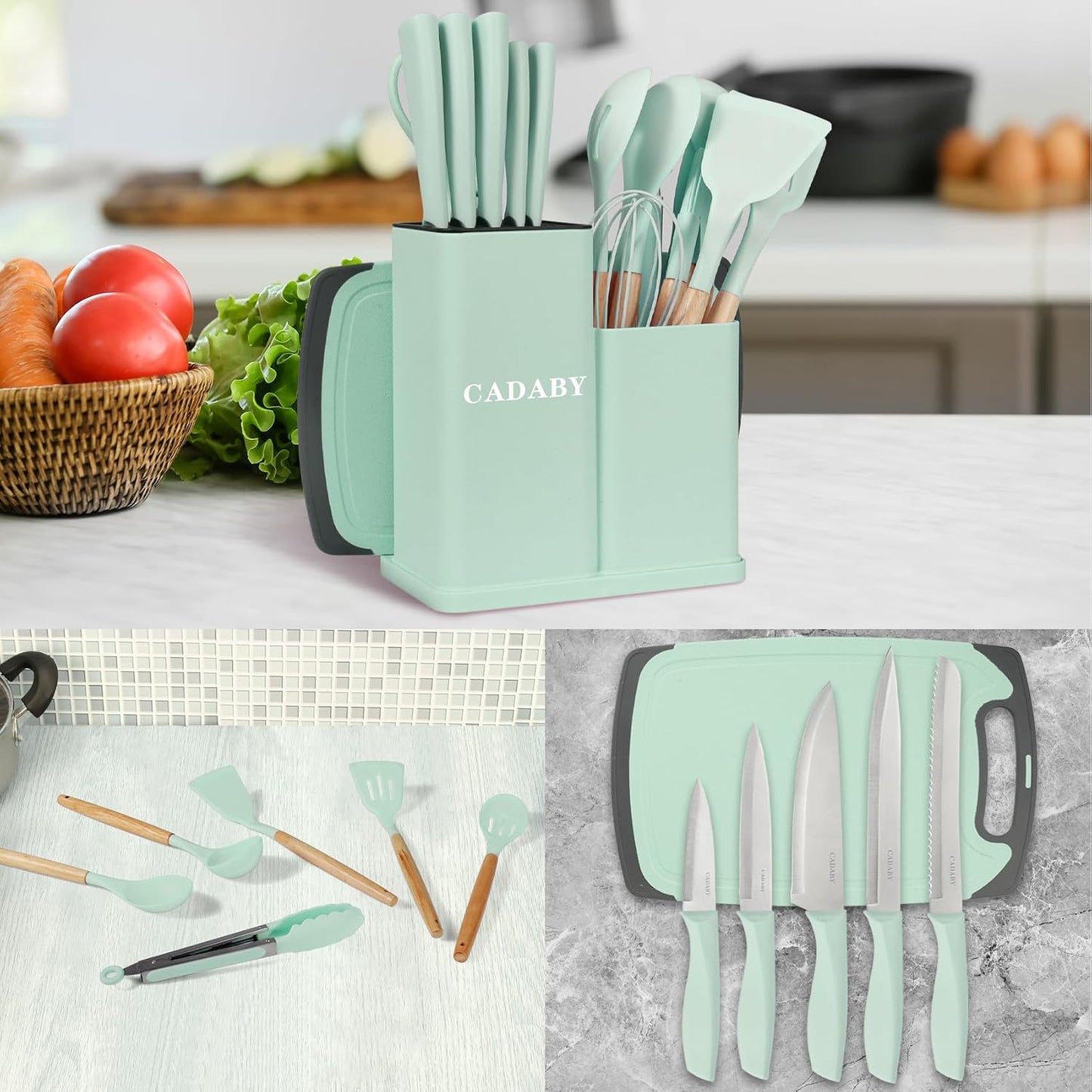 19PCS Green Kitchen Cooking Utensils Set Kitchen Tools Set | 6 Stainless Steel Knives, 11 Silicone Utensils with 1 Cutting Board, Ideal for Apartment