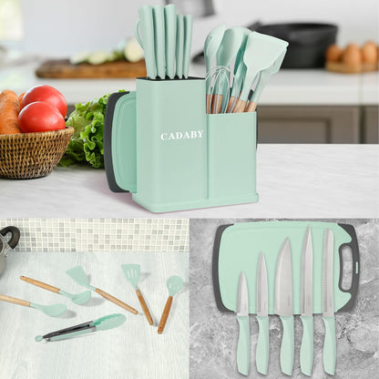 19PCS Green Kitchen Cooking Utensils Set Kitchen Tools Set | 6 Stainless Steel Knives, 11 Silicone Utensils with 1 Cutting Board, Ideal for Apartment