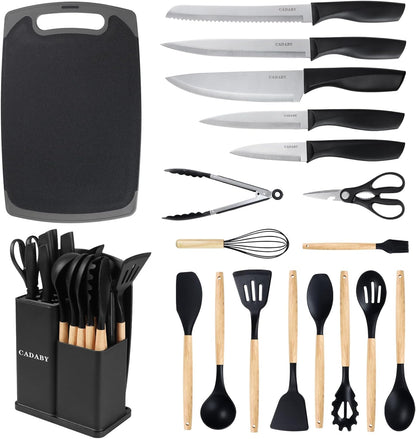 19PCS Green Kitchen Cooking Utensils Set Kitchen Tools Set | 6 Stainless Steel Knives, 11 Silicone Utensils with 1 Cutting Board, Ideal for Apartment