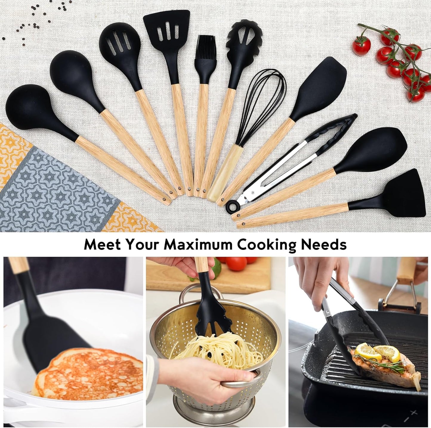 19PCS Green Kitchen Cooking Utensils Set Kitchen Tools Set | 6 Stainless Steel Knives, 11 Silicone Utensils with 1 Cutting Board, Ideal for Apartment