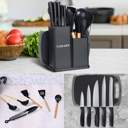19PCS Green Kitchen Cooking Utensils Set Kitchen Tools Set | 6 Stainless Steel Knives, 11 Silicone Utensils with 1 Cutting Board, Ideal for Apartment