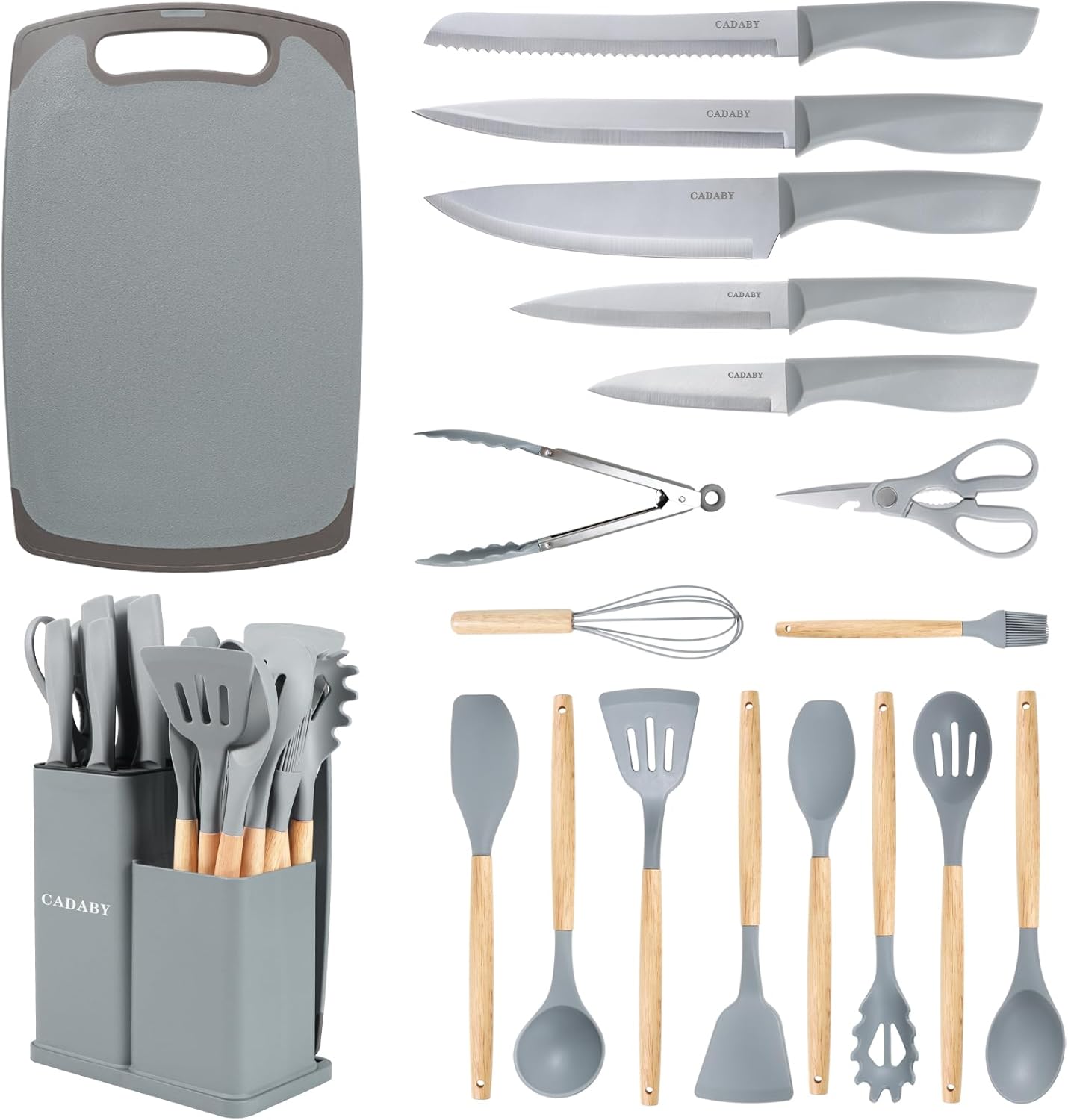 19PCS Green Kitchen Cooking Utensils Set Kitchen Tools Set | 6 Stainless Steel Knives, 11 Silicone Utensils with 1 Cutting Board, Ideal for Apartment