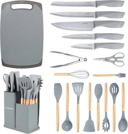 19PCS Green Kitchen Cooking Utensils Set Kitchen Tools Set | 6 Stainless Steel Knives, 11 Silicone Utensils with 1 Cutting Board, Ideal for Apartment