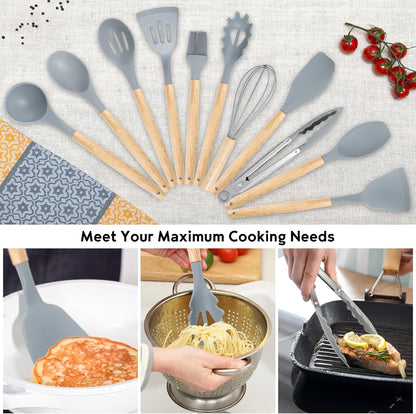 19PCS Green Kitchen Cooking Utensils Set Kitchen Tools Set | 6 Stainless Steel Knives, 11 Silicone Utensils with 1 Cutting Board, Ideal for Apartment