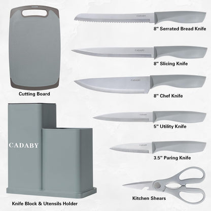 19PCS Green Kitchen Cooking Utensils Set Kitchen Tools Set | 6 Stainless Steel Knives, 11 Silicone Utensils with 1 Cutting Board, Ideal for Apartment