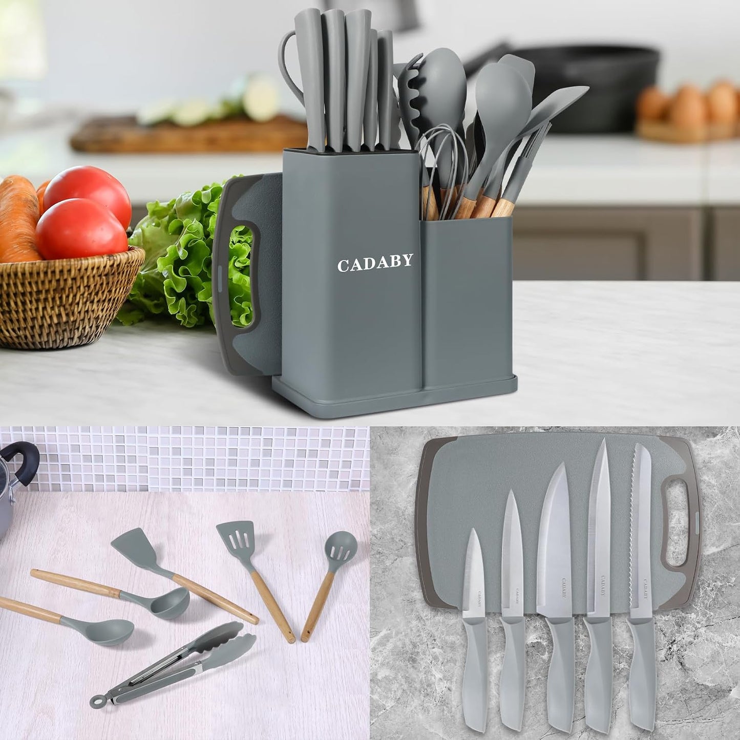 19PCS Green Kitchen Cooking Utensils Set Kitchen Tools Set | 6 Stainless Steel Knives, 11 Silicone Utensils with 1 Cutting Board, Ideal for Apartment