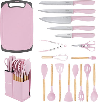 19PCS Green Kitchen Cooking Utensils Set Kitchen Tools Set | 6 Stainless Steel Knives, 11 Silicone Utensils with 1 Cutting Board, Ideal for Apartment