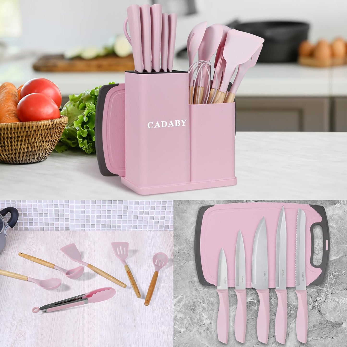 19PCS Green Kitchen Cooking Utensils Set Kitchen Tools Set | 6 Stainless Steel Knives, 11 Silicone Utensils with 1 Cutting Board, Ideal for Apartment
