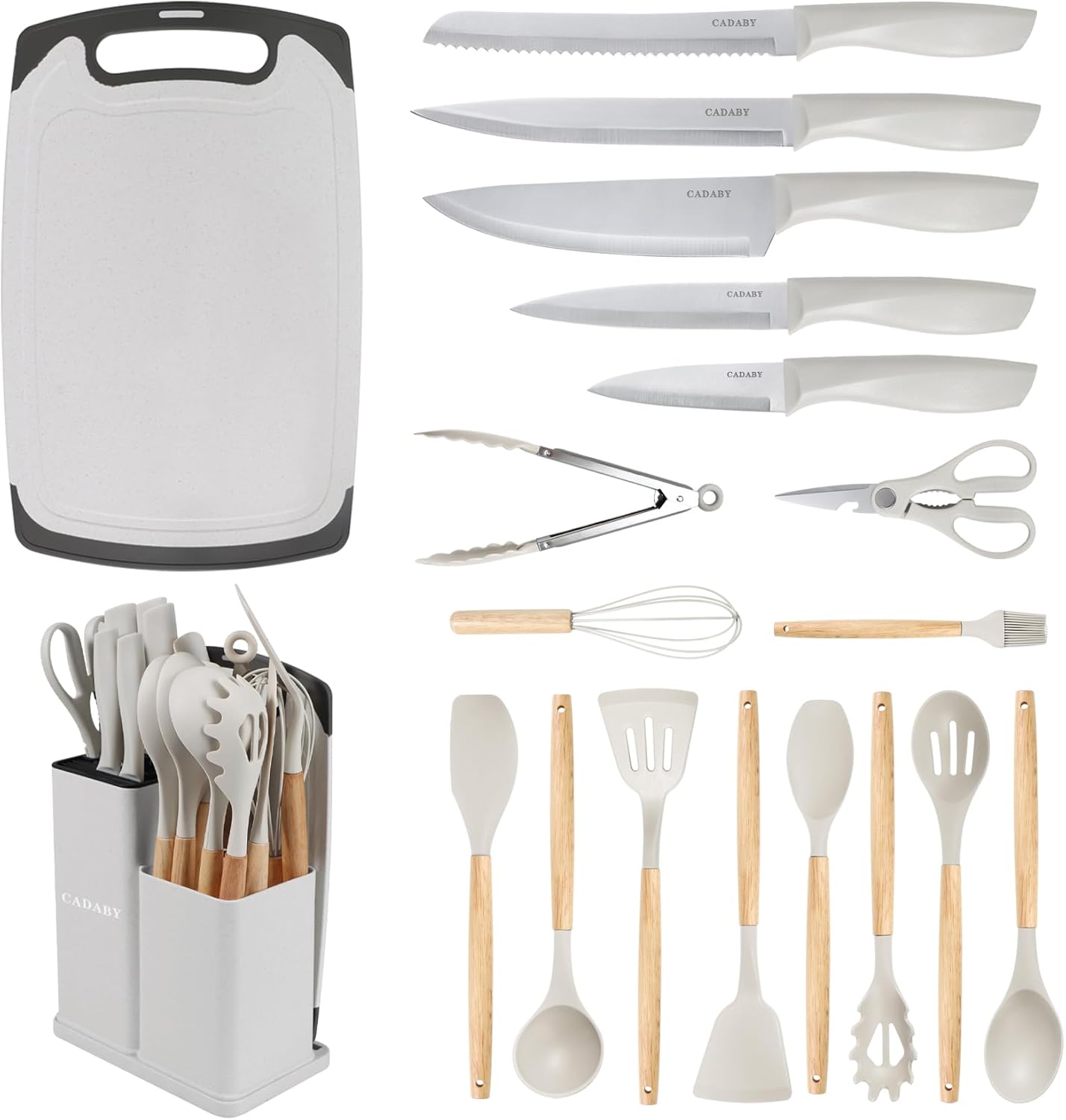 19PCS Green Kitchen Cooking Utensils Set Kitchen Tools Set | 6 Stainless Steel Knives, 11 Silicone Utensils with 1 Cutting Board, Ideal for Apartment