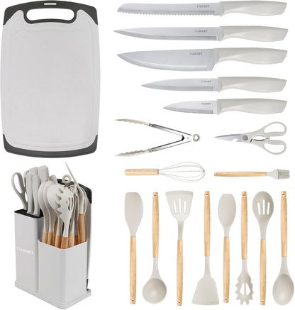 19PCS Green Kitchen Cooking Utensils Set Kitchen Tools Set | 6 Stainless Steel Knives, 11 Silicone Utensils with 1 Cutting Board, Ideal for Apartment