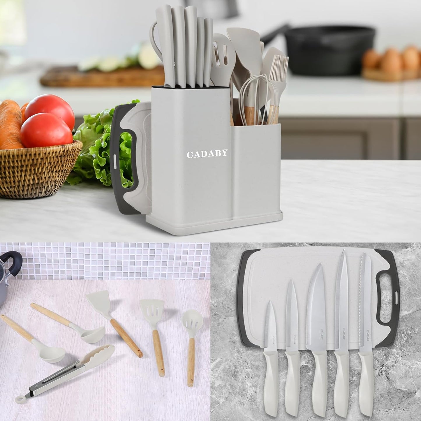 19PCS Green Kitchen Cooking Utensils Set Kitchen Tools Set | 6 Stainless Steel Knives, 11 Silicone Utensils with 1 Cutting Board, Ideal for Apartment
