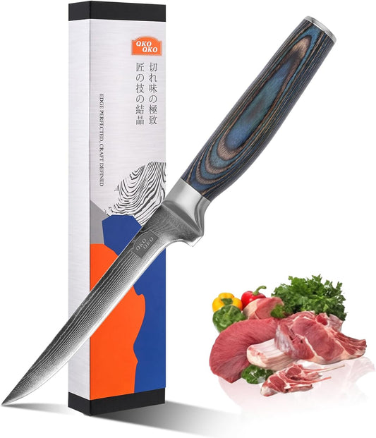 Damascus Boning Knife, 6-Inch Boning Knives with 9Cr18MoV Steel Core, Japanese Kitchen Boning Knife with Durable Wood Handle, Razor Sharp Fish Knives for Meat Fish Cutting with Gift Box