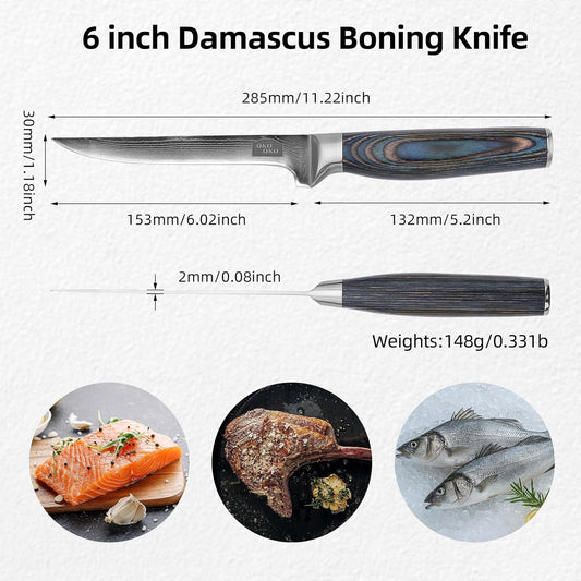Damascus Boning Knife, 6-Inch Boning Knives with 9Cr18MoV Steel Core, Japanese Kitchen Boning Knife with Durable Wood Handle, Razor Sharp Fish Knives for Meat Fish Cutting with Gift Box