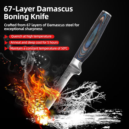 Damascus Boning Knife, 6-Inch Boning Knives with 9Cr18MoV Steel Core, Japanese Kitchen Boning Knife with Durable Wood Handle, Razor Sharp Fish Knives for Meat Fish Cutting with Gift Box
