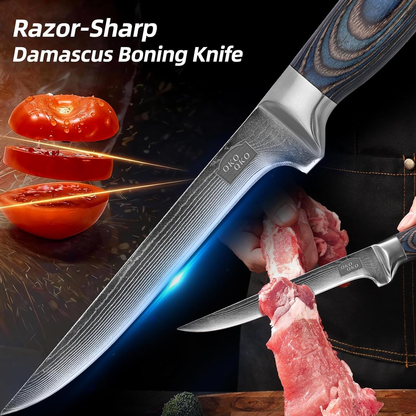Damascus Boning Knife, 6-Inch Boning Knives with 9Cr18MoV Steel Core, Japanese Kitchen Boning Knife with Durable Wood Handle, Razor Sharp Fish Knives for Meat Fish Cutting with Gift Box