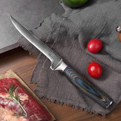 Damascus Boning Knife, 6-Inch Boning Knives with 9Cr18MoV Steel Core, Japanese Kitchen Boning Knife with Durable Wood Handle, Razor Sharp Fish Knives for Meat Fish Cutting with Gift Box