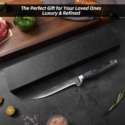 Damascus Boning Knife, 6-Inch Boning Knives with 9Cr18MoV Steel Core, Japanese Kitchen Boning Knife with Durable Wood Handle, Razor Sharp Fish Knives for Meat Fish Cutting with Gift Box