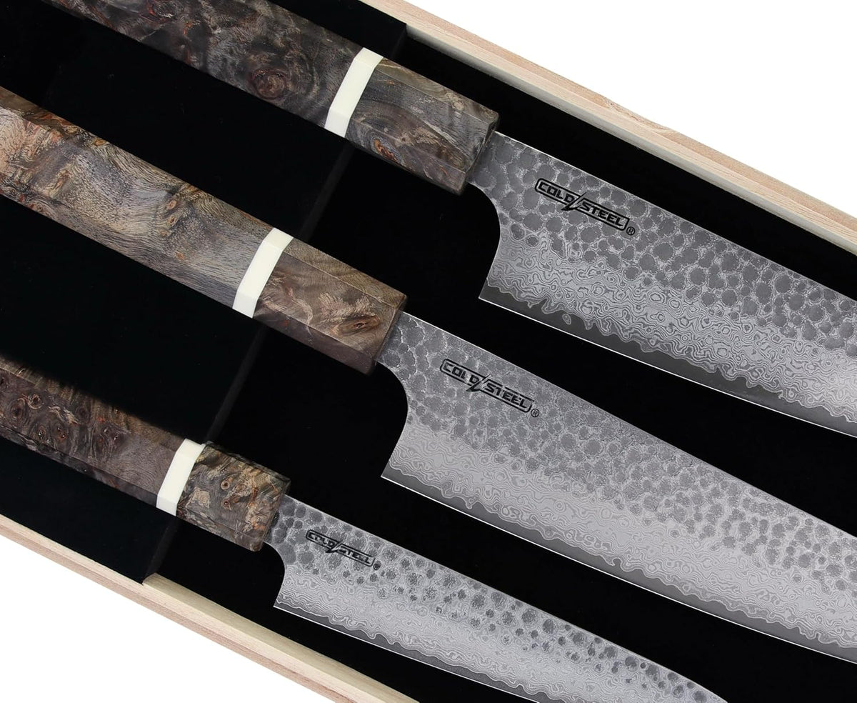 Cold Steel Japanese VG-10 Damascus 3-Piece Kitchen Knife Set – VG-10 Steel Chef Knives with Damascus Pattern for Precision Cutting & Kitchen Use