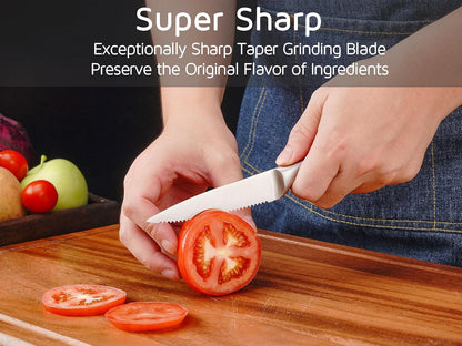 Utility Knife, 4 Inch Serrated Paring Knife with Super Sharp High Carbon Stainless Steel Blade for Fruit Vegetable Cutting Peeling Slicing – Silver