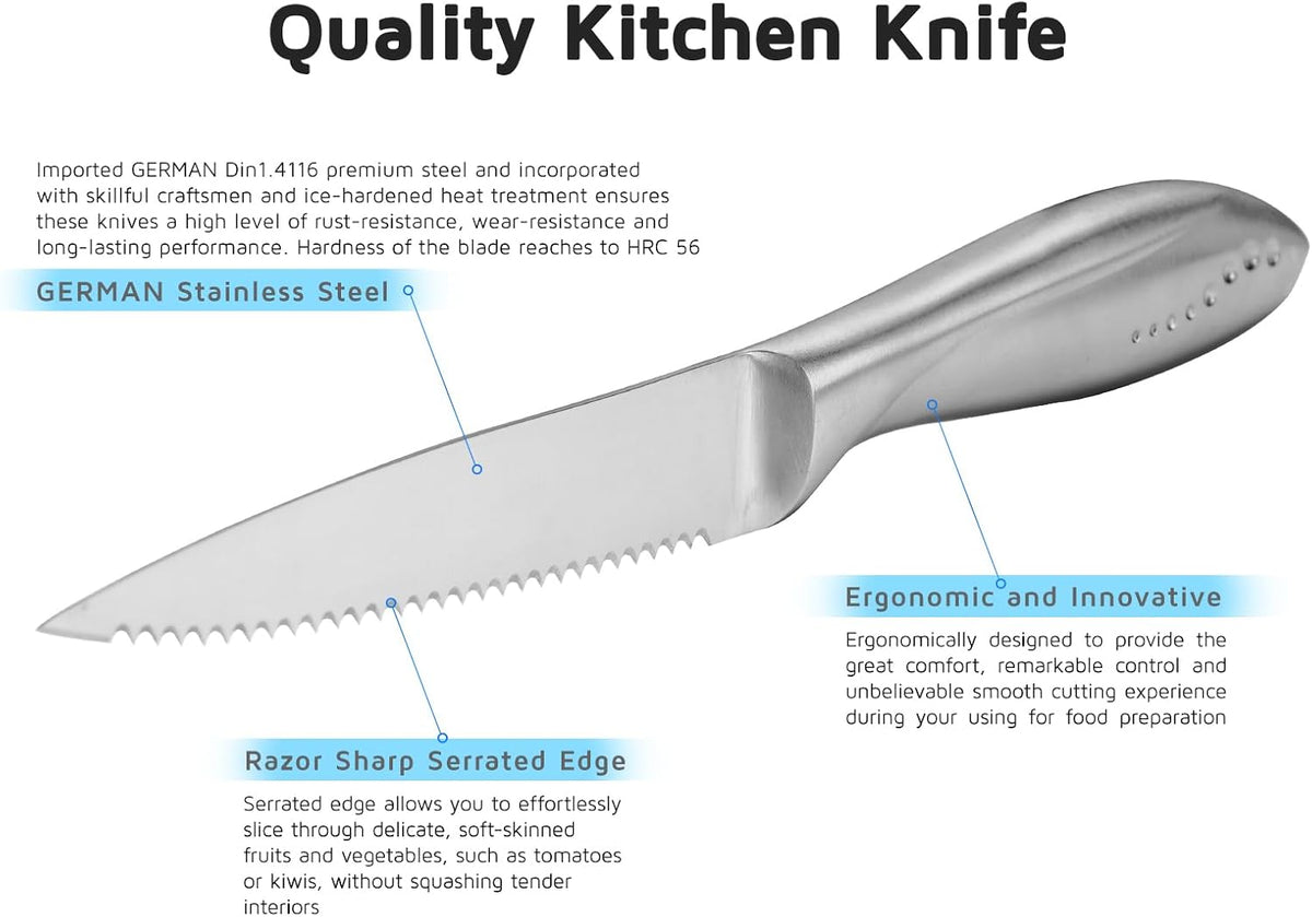 Utility Knife, 4 Inch Serrated Paring Knife with Super Sharp High Carbon Stainless Steel Blade for Fruit Vegetable Cutting Peeling Slicing – Silver