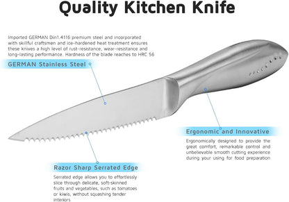 Utility Knife, 4 Inch Serrated Paring Knife with Super Sharp High Carbon Stainless Steel Blade for Fruit Vegetable Cutting Peeling Slicing – Silver
