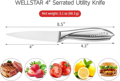 Utility Knife, 4 Inch Serrated Paring Knife with Super Sharp High Carbon Stainless Steel Blade for Fruit Vegetable Cutting Peeling Slicing – Silver