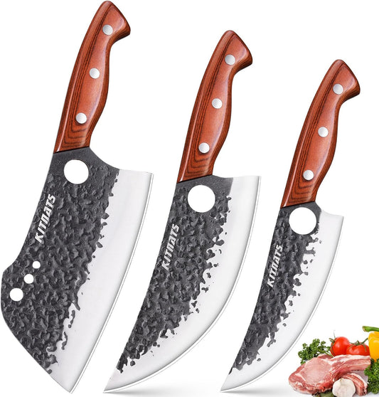 3PCS Butcher Knife Set, Razor Sharp Hand Forged Meat Cleaver & Boning Knives for Meat & Bone Cutting, Kitchen Knives for Cooking BBQ, Gift for Men & Women