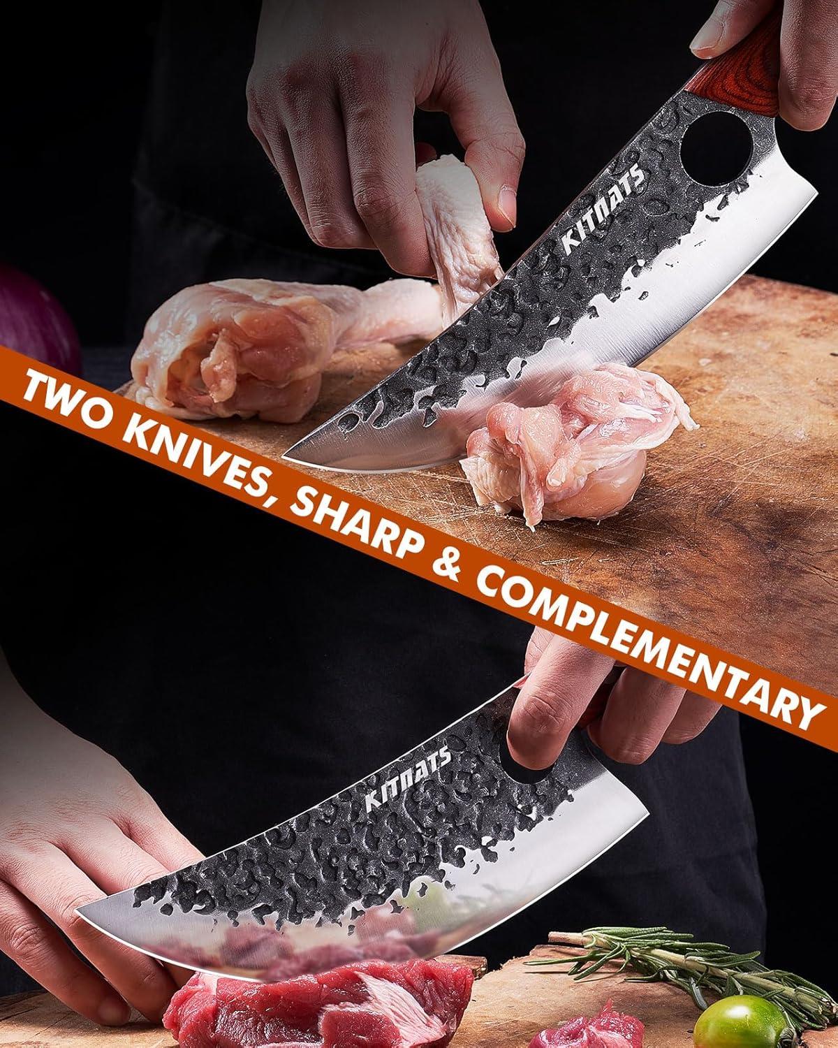 3PCS Butcher Knife Set, Razor Sharp Hand Forged Meat Cleaver & Boning Knives for Meat & Bone Cutting, Kitchen Knives for Cooking BBQ, Gift for Men & Women