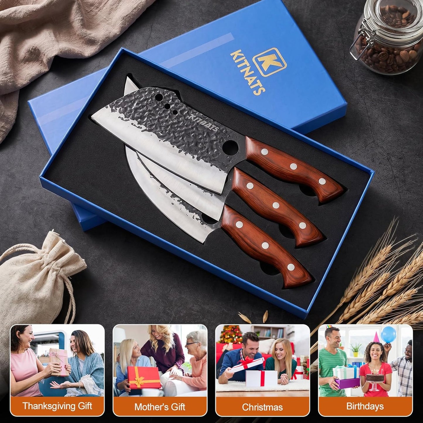 3PCS Butcher Knife Set, Razor Sharp Hand Forged Meat Cleaver & Boning Knives for Meat & Bone Cutting, Kitchen Knives for Cooking BBQ, Gift for Men & Women