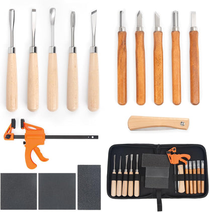Wood Carving Kit - 15Pcs Wood Carving Tools Set,Carving Knife Set with 5Pcs Chisel Knives,5Pcs Detail Carving Knives,1Pc Folding Saw,1Pc Carpenter Clamp,Wood Chisel Sets for Beginners Adults Kids