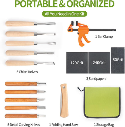 Wood Carving Kit - 15Pcs Wood Carving Tools Set,Carving Knife Set with 5Pcs Chisel Knives,5Pcs Detail Carving Knives,1Pc Folding Saw,1Pc Carpenter Clamp,Wood Chisel Sets for Beginners Adults Kids