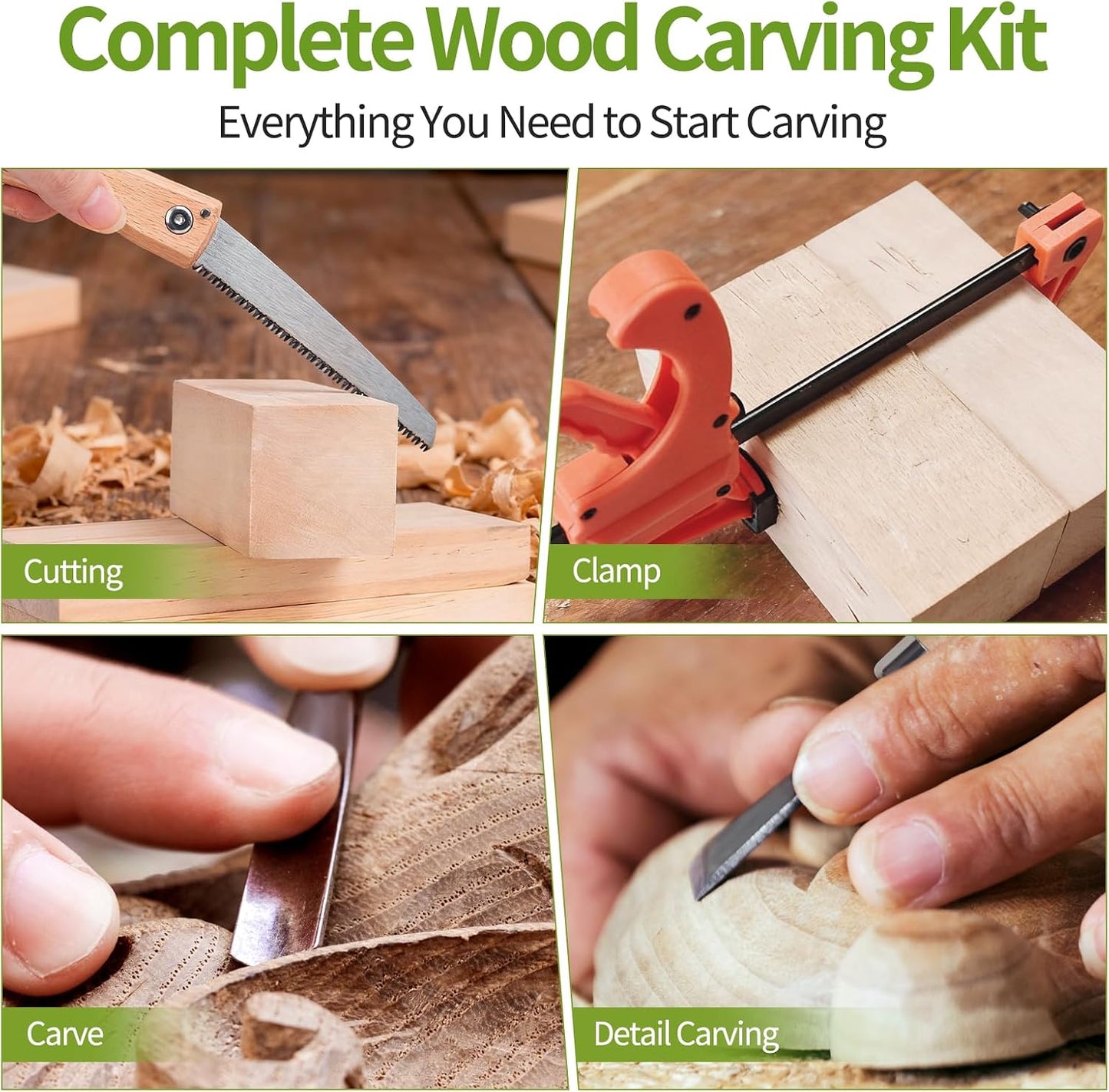 Wood Carving Kit - 15Pcs Wood Carving Tools Set,Carving Knife Set with 5Pcs Chisel Knives,5Pcs Detail Carving Knives,1Pc Folding Saw,1Pc Carpenter Clamp,Wood Chisel Sets for Beginners Adults Kids