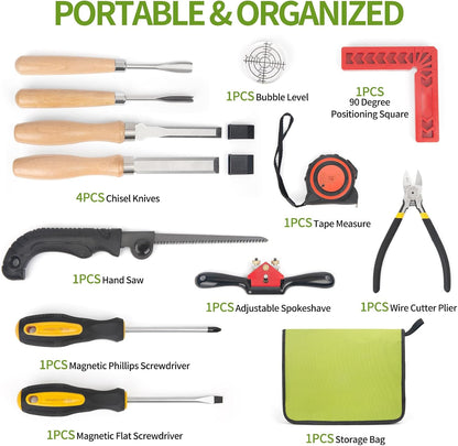 Wood Carving Kit - 15Pcs Wood Carving Tools Set,Carving Knife Set with 5Pcs Chisel Knives,5Pcs Detail Carving Knives,1Pc Folding Saw,1Pc Carpenter Clamp,Wood Chisel Sets for Beginners Adults Kids