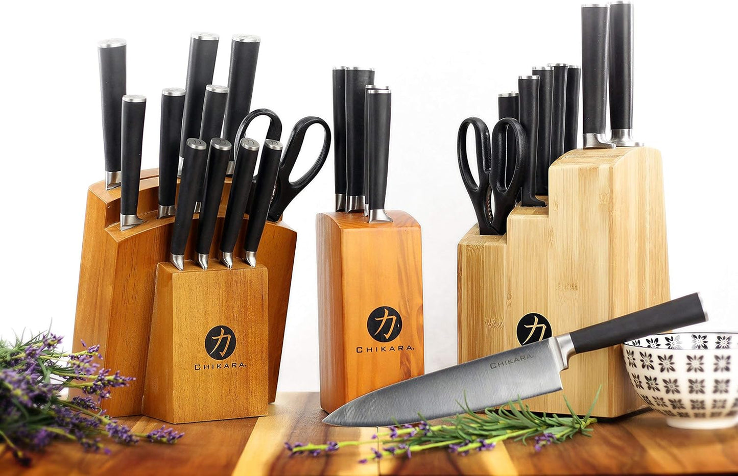 Chikara Series Forged 5-Piece Japanese Knife Set, Black - Premium Cutlery Set with 420J Stainless Steel Kitchen Knives and Toffee Bamboo Block
