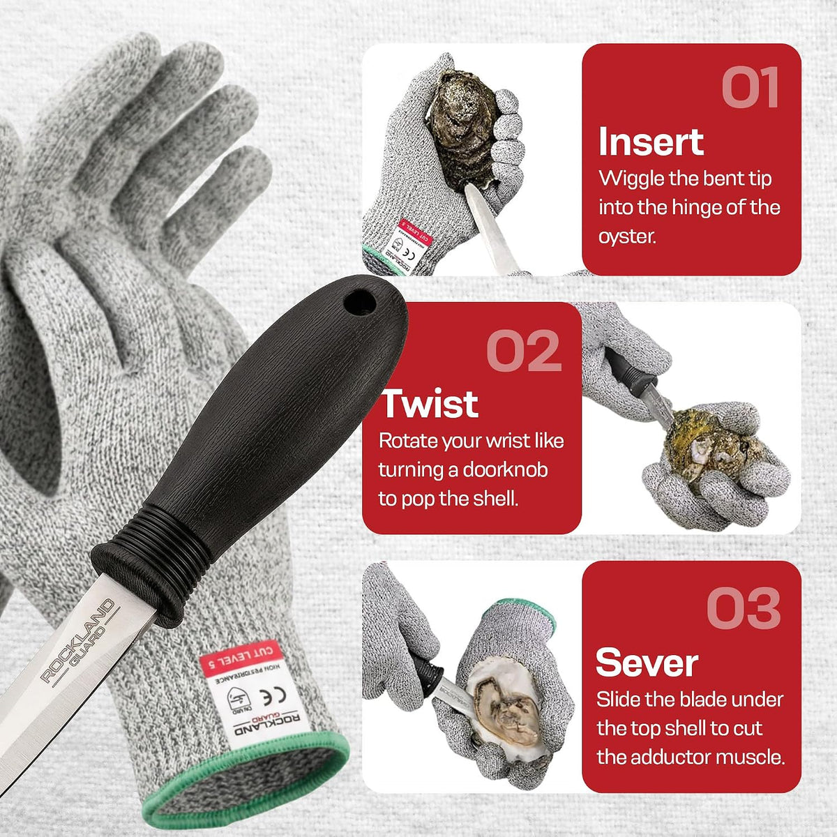 Professional Oyster Shucking Kit - 3.5” Heavy Duty Stainless Steel Oyster Shucking Knife and Level 5 Cut Resistant Gloves, Clam Opener Shucker and Seafood Tool Gift Set, Large