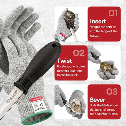 Professional Oyster Shucking Kit - 3.5” Heavy Duty Stainless Steel Oyster Shucking Knife and Level 5 Cut Resistant Gloves, Clam Opener Shucker and Seafood Tool Gift Set, Large
