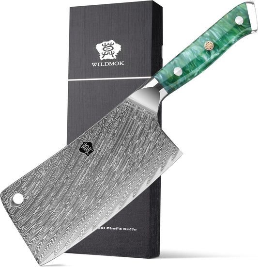 Meat Cleaver, 6.5 inch Heavy Duty Razor Sharp Kitchen Butcher Knife, Forged Damascus Steel, Resin Handle with gift box