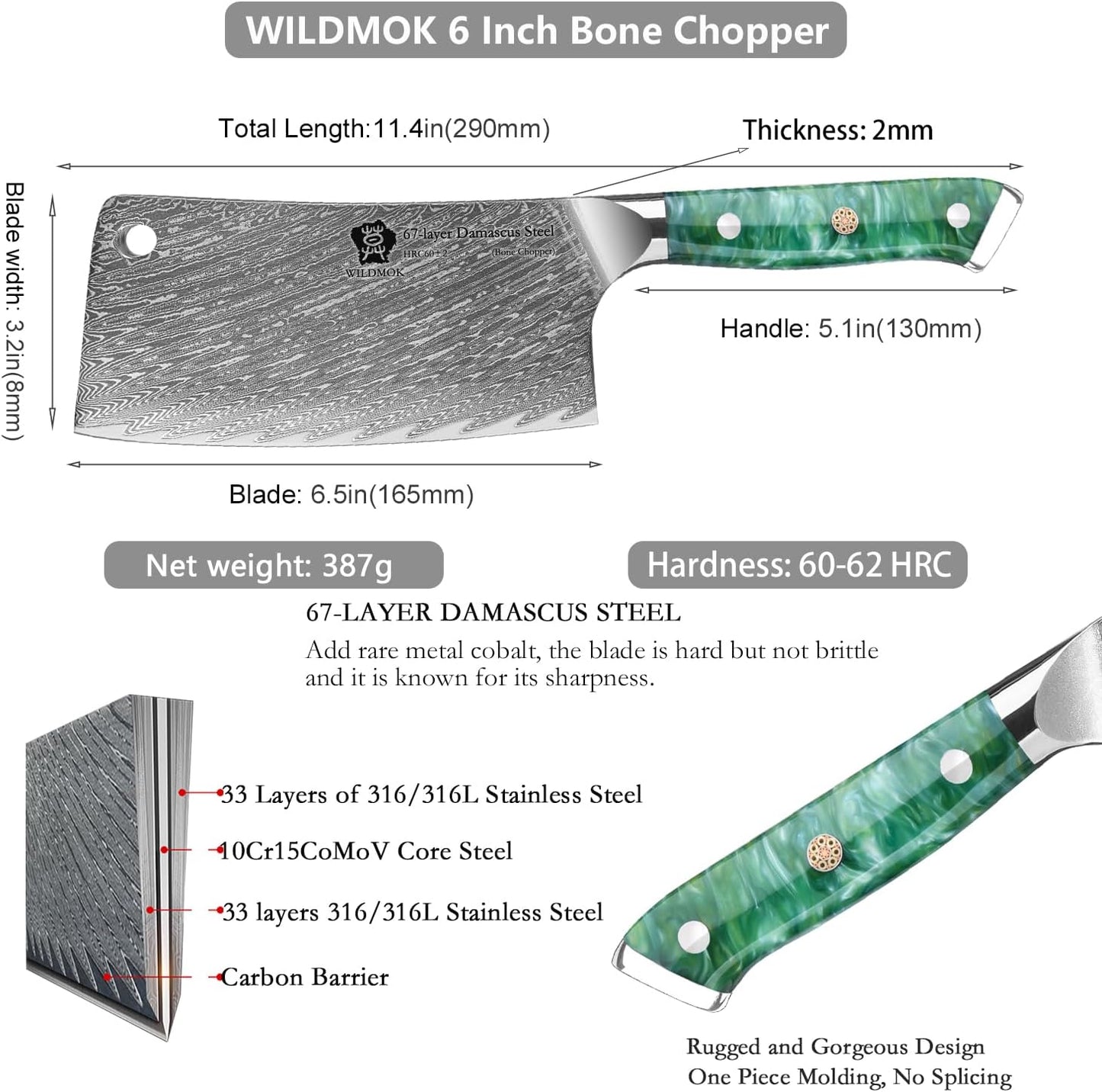 Meat Cleaver, 6.5 inch Heavy Duty Razor Sharp Kitchen Butcher Knife, Forged Damascus Steel, Resin Handle with gift box